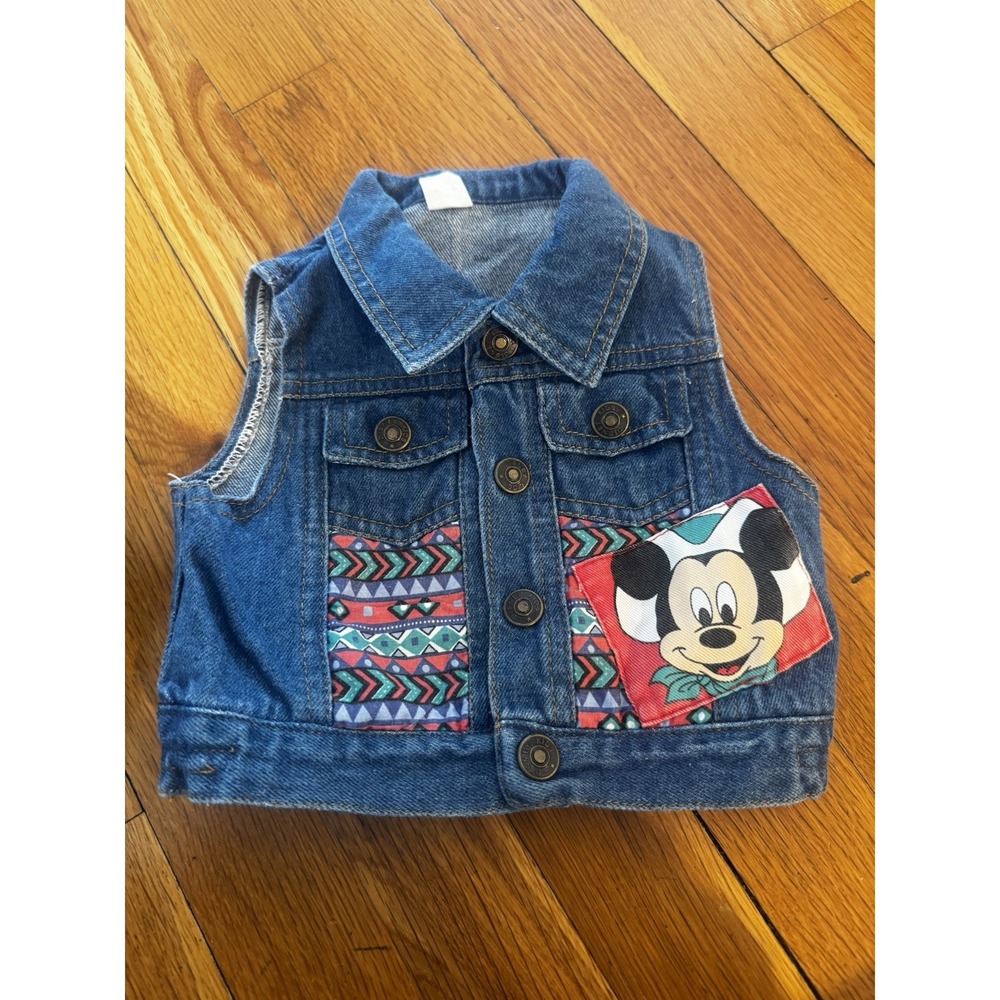 Vintage Disney Kids Denim Mickey Aztec Jean Vest‎ Baby  Unisex 12M